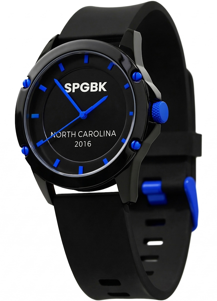 Black and blue watch with 'SPGBK' and 'North Carolina 2016' text on a white background